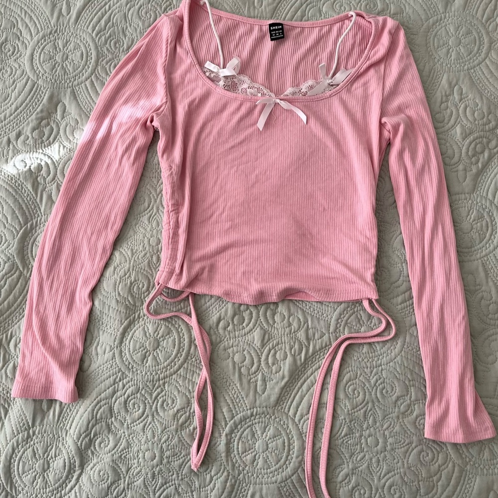 SHEIN Pink Long Sleeve Top with Lace Trim